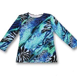 LEGGIADRO Stretch Tee Top Colorful Tropical Animal Print Made in NYC Blue Small
